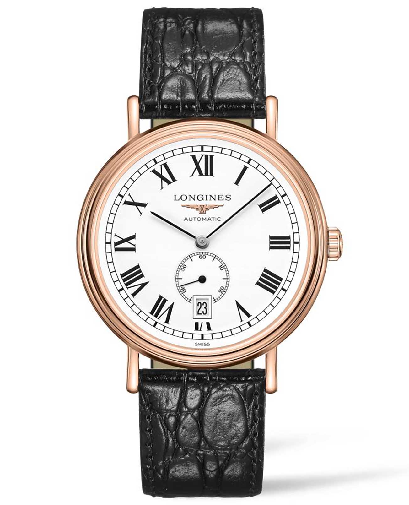 Longines Longines Presence L4.905.1.11.2  L49051112 механические мужские часы белый циферблат, браслет кожаный — вид спереди